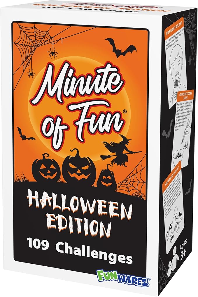 Funwares Minute of Fun Halloween Edition, 100 Challenges, 2-12 Players | Minute to Win It Style Spooky Games like Zombie Munch & Mummy Wrap, Uses Household Items, Halloween Party Hit, Ages 8+