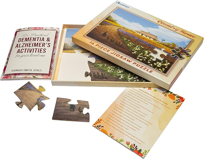 Assistex Large Piece Jigsaw Puzzle for Seniors with Dementia with Conversation Prompts, Large Piece Memory Game for Adults, Elderly, and Dementia Patients – Country Home Puzzle, 16 pcs