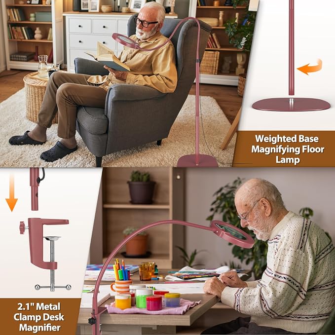 10X Magnifying Glass with Light and Stand, 24" Flexible Gooseneck Magnifying Floor Lamp, 3-in-1 LED 5 Color Modes Stepless Dimmable Lighted Magnifier Hands Free for Close Work, Reading - Red