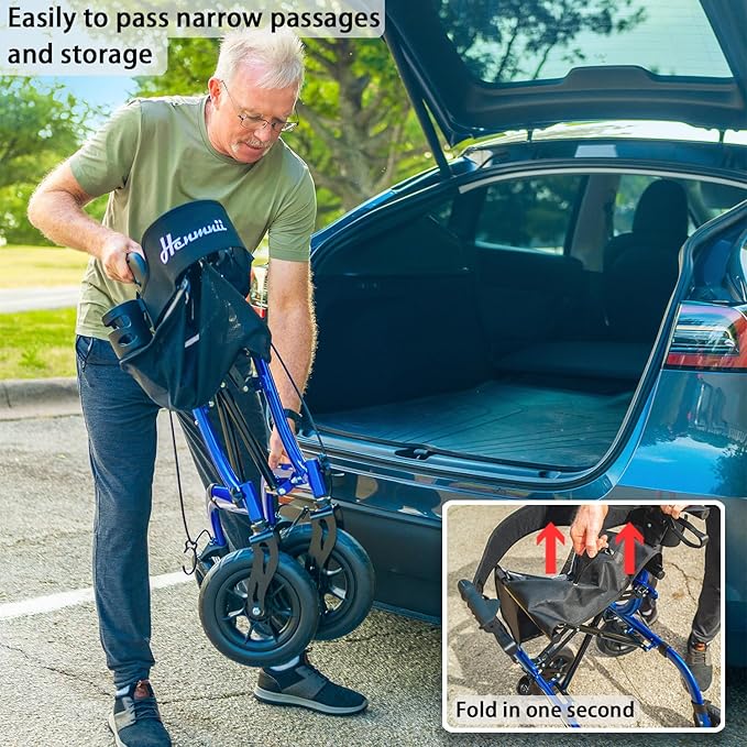 Rollator Walker for Seniors, Lightweight Foldable All Terrain Rolling Walker with seat, Aluminum Walkers with 10 inch Rubber Wheels, Handles and Backrest for Seniors and Adult