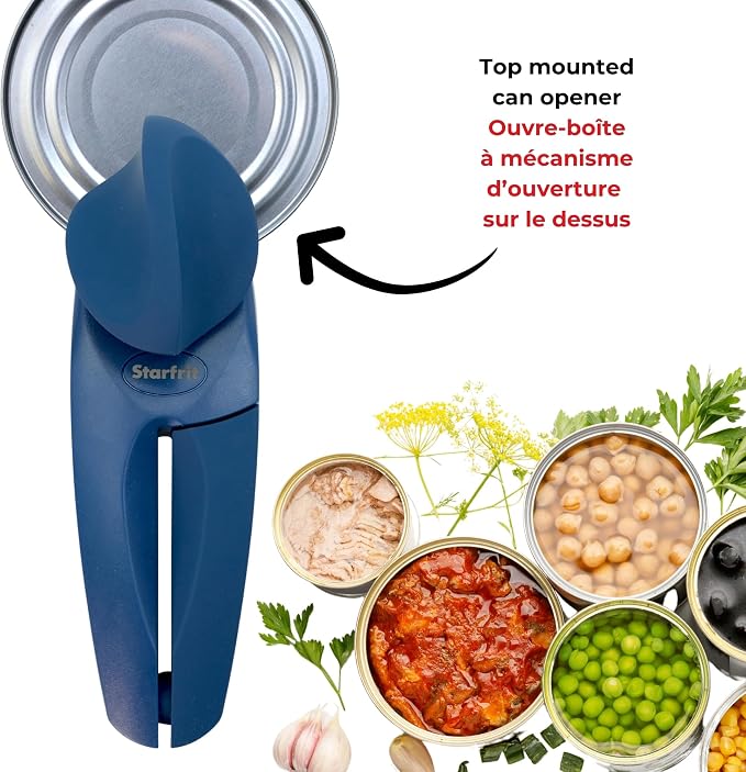 Starfrit MightiCan Can Opener, Safe Smooth-Cut, Comfort Grip, Blue | Safe can opener. Holds lid after cutting. No sharp edges. Comfort grip. Non-slip knob. 3-year warranty.