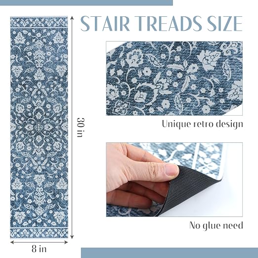 Breling 15 Pcs Blue and White Floral Stair Treads for Wooden Steps 8x30 Inches Stair Treads Indoor Non-Slip Carpet Runner Decorative Long Rugs Safety Mats for Indoor Carpet Covers Elders and Dogs