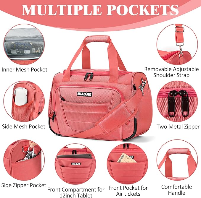 Underseat Carry On luggage Bag Airplanes Personal Item Bags, Gym Bag for Men Weekender Overnight Travel Tote Bag Shoulder Small Softside Carry on Luggage Travel Duffel Bags For Men Women -16 IN Pink