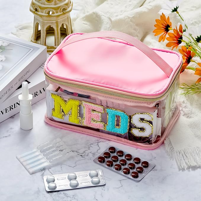 Geetery Chenille Letter Bag, Meds Cheer Travel Cases Cheerleader Gifts Cosmetic Bag Nylon Makeup Portable Preppy Patch with Zipper Toiletry Storage Case for Women(Pink,Meds)