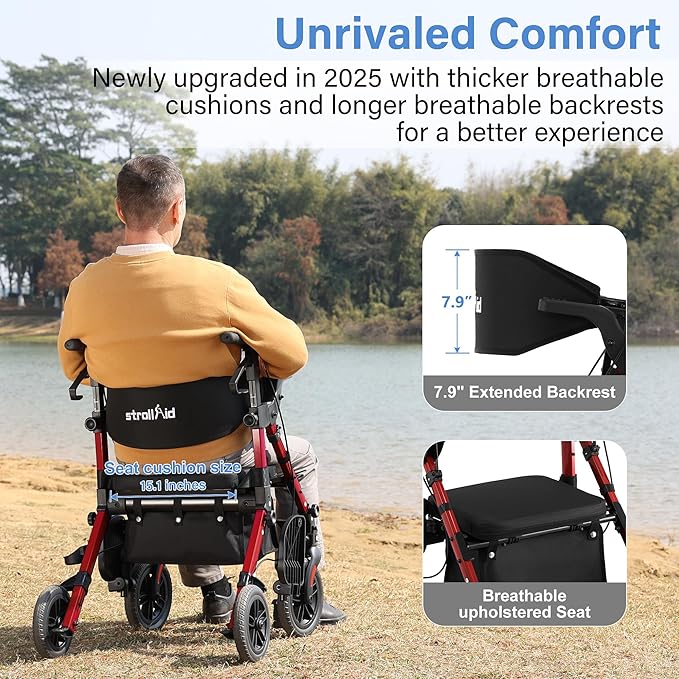 Rollator Walkers for Seniors with Seat, Walker Wheelchair Combo, 2 in 1 Rolling Walker Transport Wheelchair Lightweight Foldable, 10" Big Wheels Transport Chair with Brakes,Red