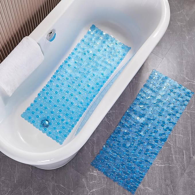 Bath Shower Mat Non Slip: Extra Large Pebble Bathtub mat for Families, Anti Slip Shower Matt with Drain Holes Suction Cups Tub Mat - 16 X 40 Inch Clear Blue