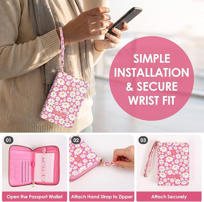 KONVINIT Pink Floral Passport Holder For Travel, Passport Cover For Women | Leather RFID Blocking Passport Holder, Cute Passport Wallet with Zipper Closure, Passport Case for Women and Men