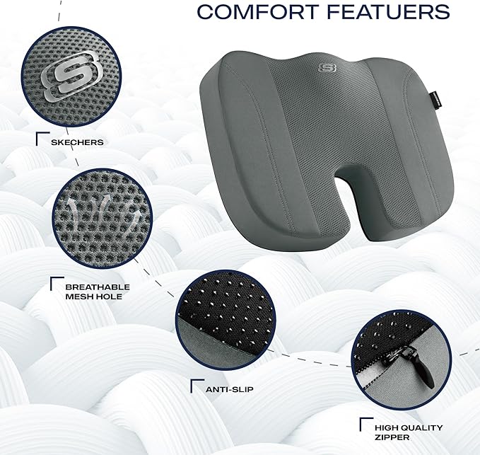 Skechers Seat Cushion, Air Cooled Memory Foam Cushion for Office Chair,Ergonomic Office Desk Accessories for Tailbone Pain Relief,Chair Cushions for Long Sitting Office Workers,Car Drivers,Gray