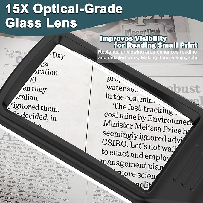 15X Rechargeable Magnifying Glass with Light, Real Glass Page Lens, 3 Color Modes Stepless Dimmable, Lighted Handheld Magnifier for Reading Small Prints, Seniors with Macular Degeneration & Low Vision