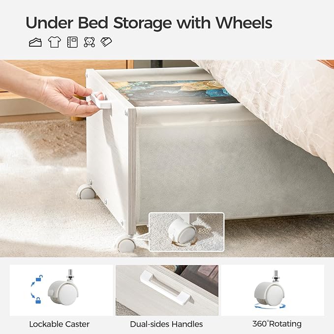 FOUCSSOMEI Under Bed Storage with Wheels, Wooden Under Bed Drawers On Wheels, Rolling Under Bed Shoe Storage, Space Saving,White,70L