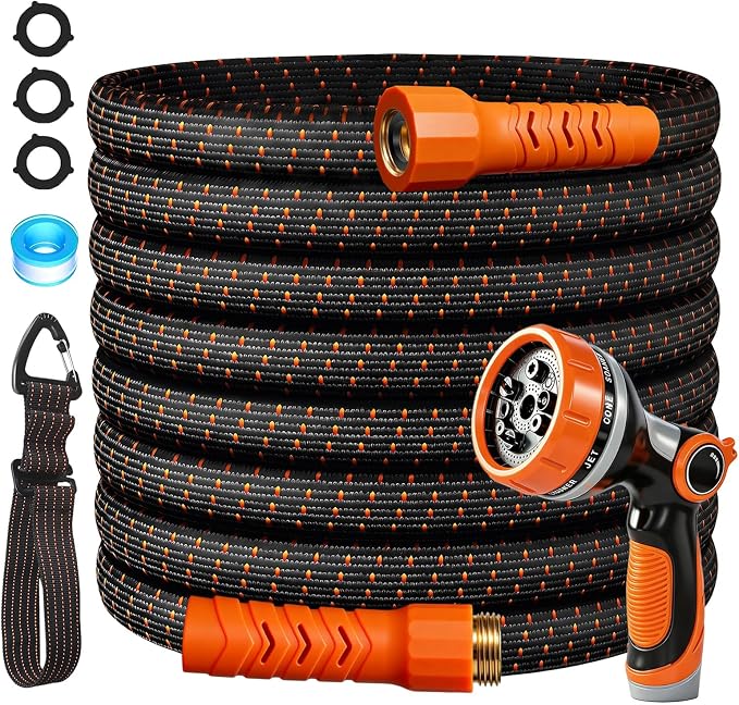 100FT Flexible Garden Hose & 10Modes Nozzle,Lightweight Water Hose,Kink-Free,All-Weather 3/4 in. Hose for RV,Boat,Car Wash,Garden,Yard,Camper,Outdoor NoneExpanding (100Ft,Orange-Black)