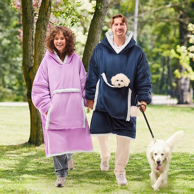 JOYWOO Purple Wearable Blanket Hoodie,Oversized Cat Lovers Sweatshirt Blanket for Adult, Birthday Gifts for Women,Mom,Men,Cozy Fuzzy Sherpa Hooded Blanket Giant Pocket and Winter Gifts,Purple Standard