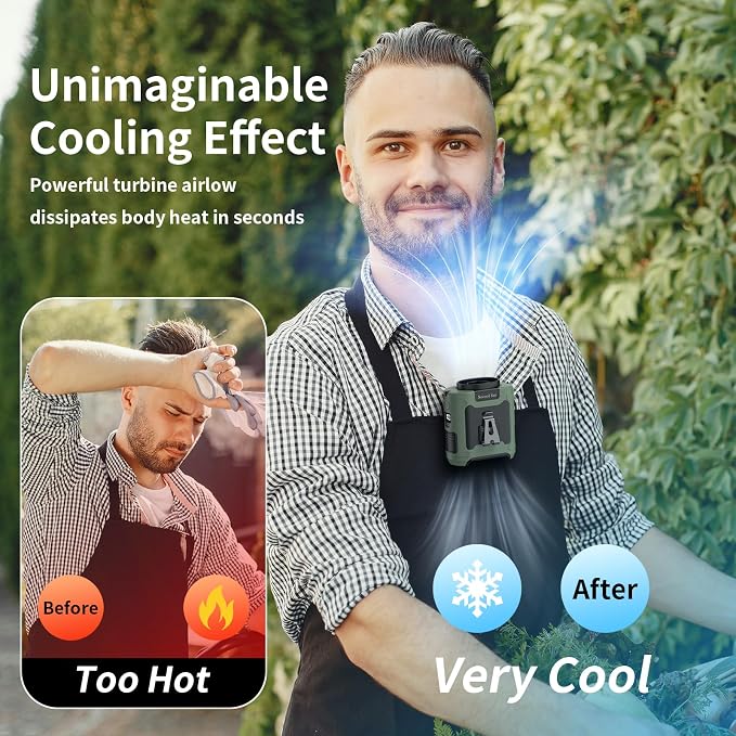 Socool 10000mAh Portable Waist Fan Clip on Wearable Belt Personal Fan Rechargeable Battery operated With 5 Speeds & Flashlight Neck Fan Hands-Free 40H Cooling For Outdoor Camping Travel (Green)