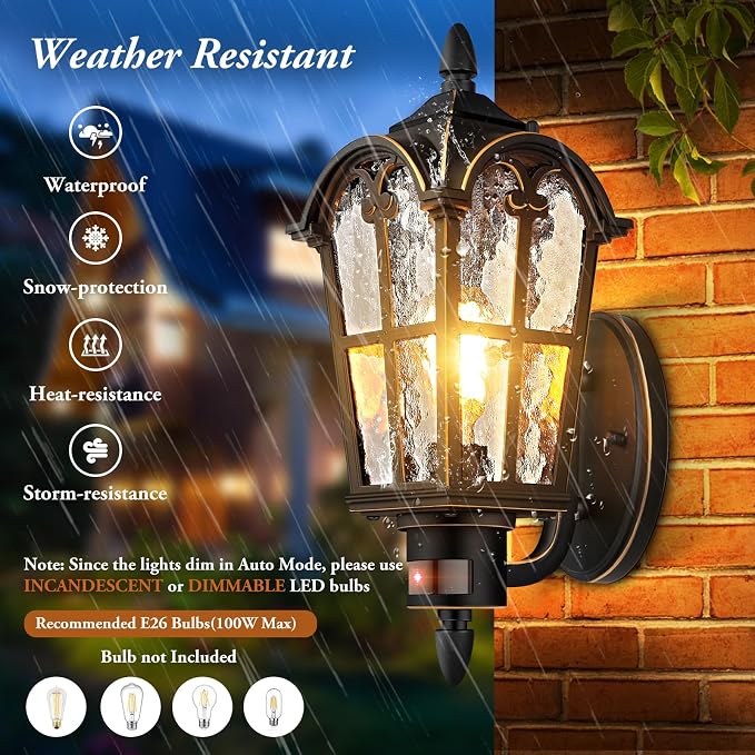 2-Pack 16” Large Motion Sensor Outdoor Wall Lights, Black & Gold | Auto ON/OFF, 3 Lighting Modes, Waterproof, Rust-Resistant, Durable Metal & Water Ripple Glass, Vintage Style, Easy to Install