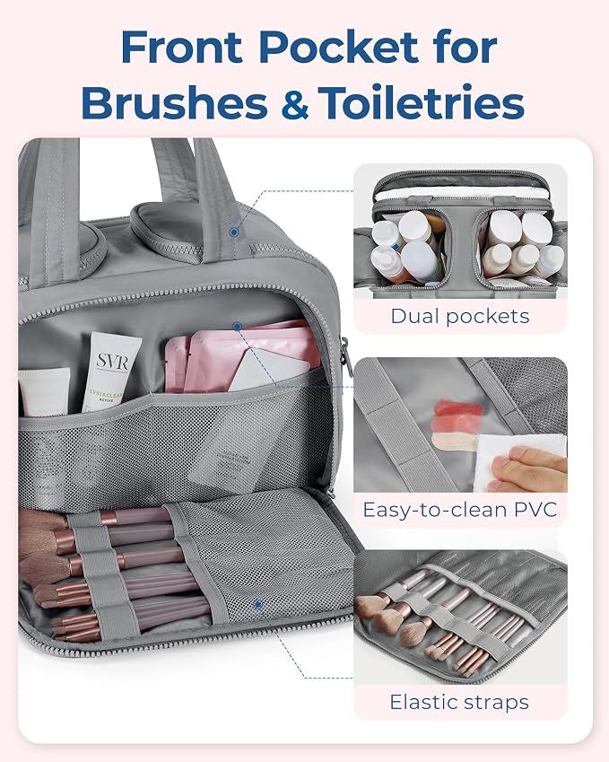 BAGSMART Travel Toiletry Bag, Lightweight Large Wide-open Travel Bag for Women, Puffy Cosmetic Makeup Bag Organizer with Handle for Accessories,Essentials, Toiletries, Grey