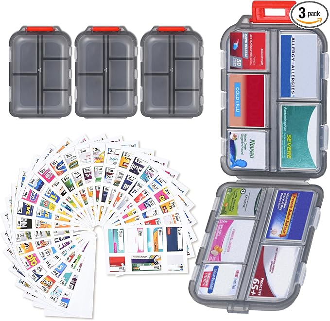 Large Travel Pill Organizer, 10 Compartments Small Portable Pill Case with 189 Medicine Labels, Compact Medicine Storage Box for Purse, Pocket, Airplane, Travel, Nurse Daily Use 3 Pack