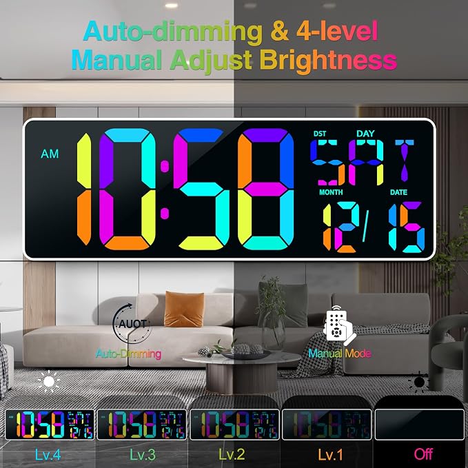 17.2" Large Digital Wall Clock 10 RGB Colors 9 Group Timer Remote Control | Large Display for Living Room Classroom Garage LED Wall Clock with Temperature Date Week Auto DST Gift for Senior Mom Dad