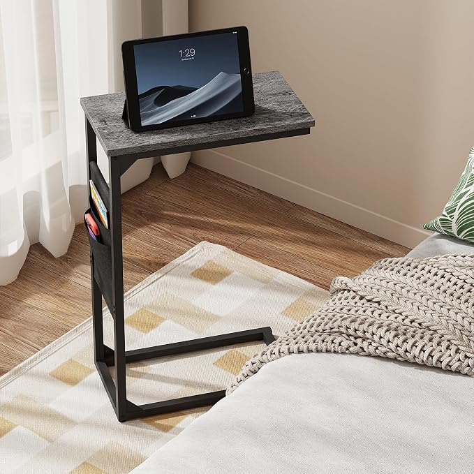 TUTOTAK C Shaped End Table, Side Table for Couch, Sofa Table | with Storage Bag, TV Tray for Living Room, Bedroom, Grey TB01BY082