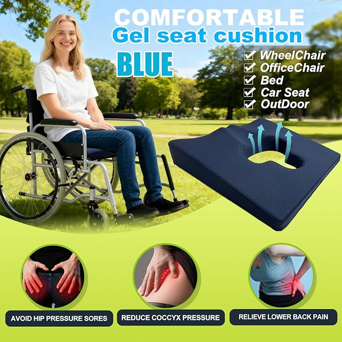 Gel Wheelchair Seat Cushion,Bed Sore Cushions for Butt,hemorrhoid Pillow,Sciatica,Back,Coccyx,Pressure Sore/Ulcer Pain Relief Butt Pillow,Ergonomic Chair Cushion, Anti-Slip&Washable Cover(Blue)