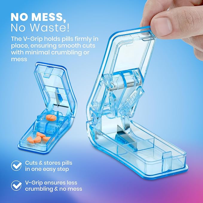 Pill Cutter - V- Grip Pill Crusher and Cutter for Vitamins, Big & Small Pills, and Medication - Transparent Pill Splitter with Pill Holder Case to Split