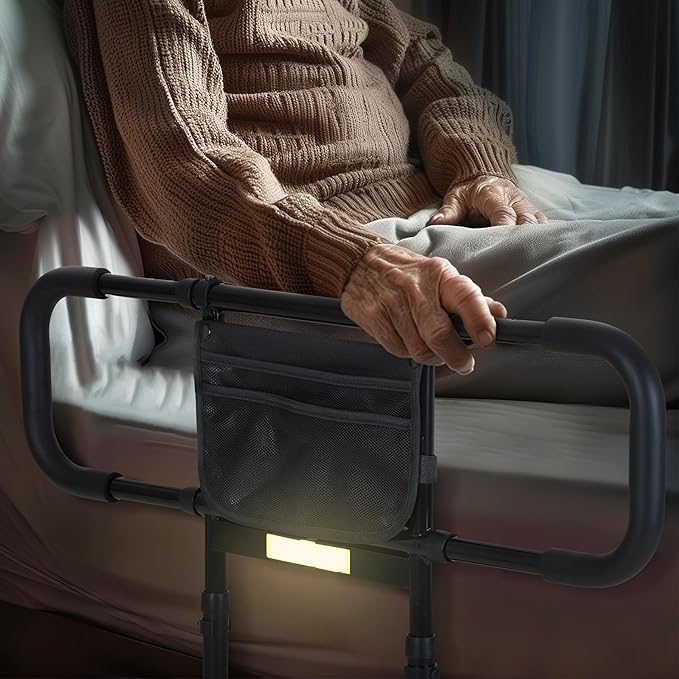 Bed Rails for Elderly Adults Safety - Elderly Assistance Products, Bedrails for Rlderly Adults Grab Bar Bed Handrails, Bed Rail with Pocket, Motion Sensor Light Fits King, Queen, Full, Twin (Black)