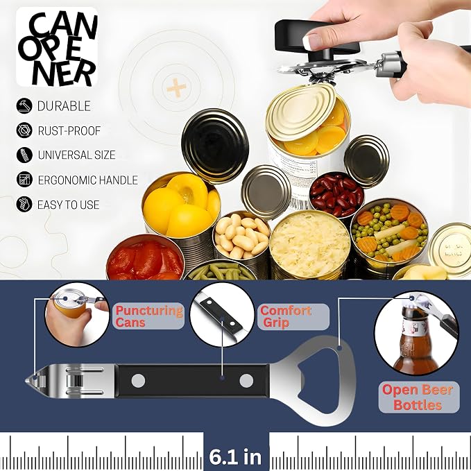 Can Opener Heavy Duty, Smooth Edge Safe Cut, Easy Grip Stainless Steel Can Openers for Seniors, Kitchen Tool, Manual Rotary Can Opener