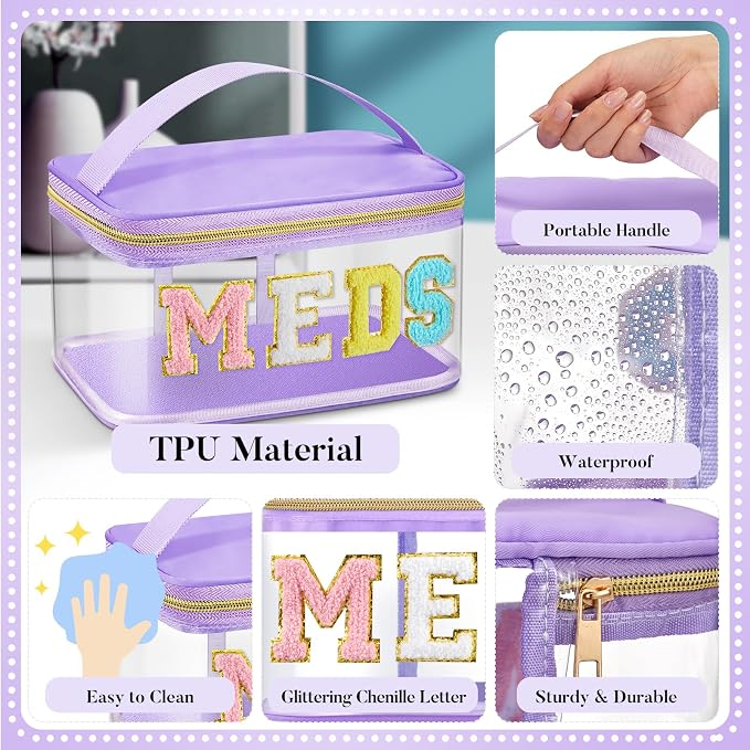 Geetery Chenille Letter Bag, Meds Cheer Travel Cases Cheerleader Gifts Cosmetic Bag Nylon Makeup Portable Preppy Patch with Zipper Toiletry Storage Case for Women(Purple,Meds)