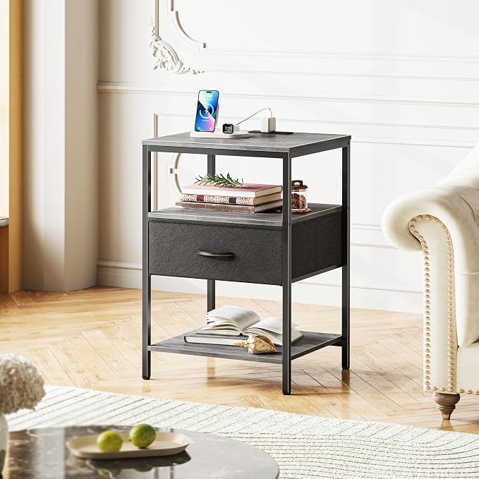 SUPERJARE Nightstand with Charging Station, USB-C Port, Bedside Table | 27.7 Inch Tall Nightstand with Adjustable Fabric Drawer, Large Dresser for Bedroom, Living Room, Gray & Black