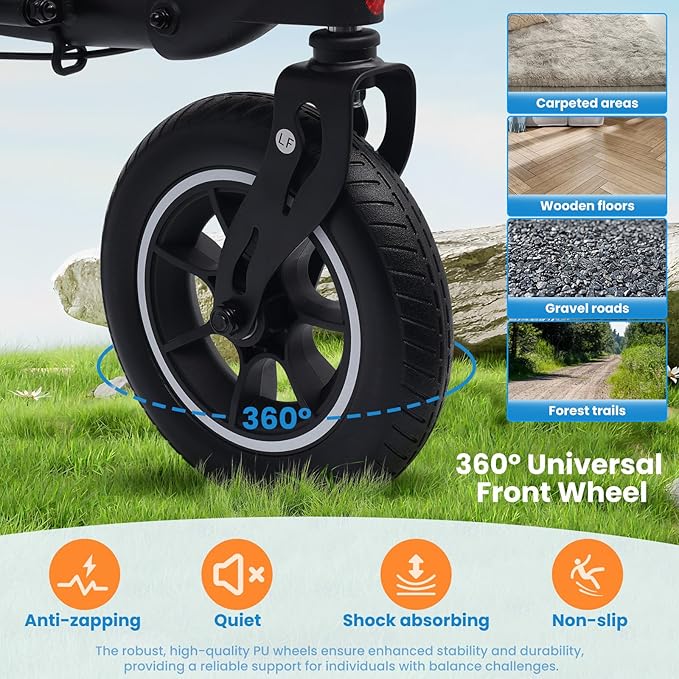 Rollator Walker for Seniors/Adults Foldable Rolling Walker with Seat 330 lbs Capacity 10 inch Wheels Hand Grips Adjustable Height Lightweight Durable Aluminum Walker Removable Back Support (Black)