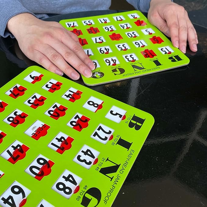 MR CHIPS Jam-Proof Easy-Read Large Print Fingertip Bingo Cards with Sliding Windows 200 Pack in Green Style