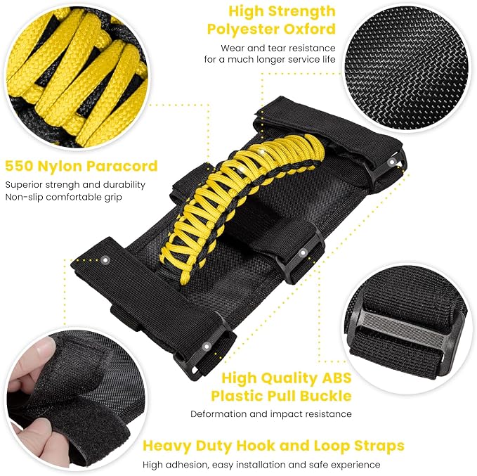 4 x Roll Bar Grab Handles Grip Handle for Jeep Wrangler JK JKU JL JLU TJ YJ Sports Sahara Freedom Rubicon Unlimited Gladiator JT 1955-2023 UTV ATV Premium 550 Paracord Interior Accessories (Yellow)