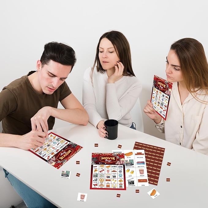 Movie Bingo Game Cards, Cinema Bingo Set for Adults Large Group, Retro Themed Fun Games, Movie Night Party Activities, Icebreaker Games for Family Friends -21