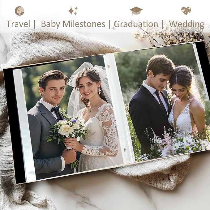 Photo Album 8x10 Clear Pages Pockets Leathe Cover Slip Slide in Photo Album Holds 50 Vertical 8x10 Photos Picture Book for Wedding Family (Dark Green)