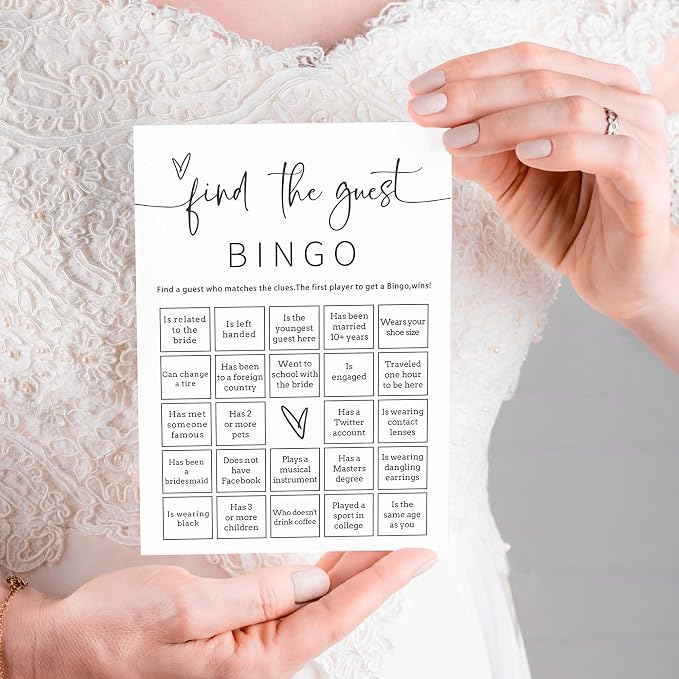Bridal Shower Bingo, 25Pcs Prefilled Find the Guest Bingo Game Cards, Engagement Party Games for Guests, Minimalist White Wedding Party Supplies - A19