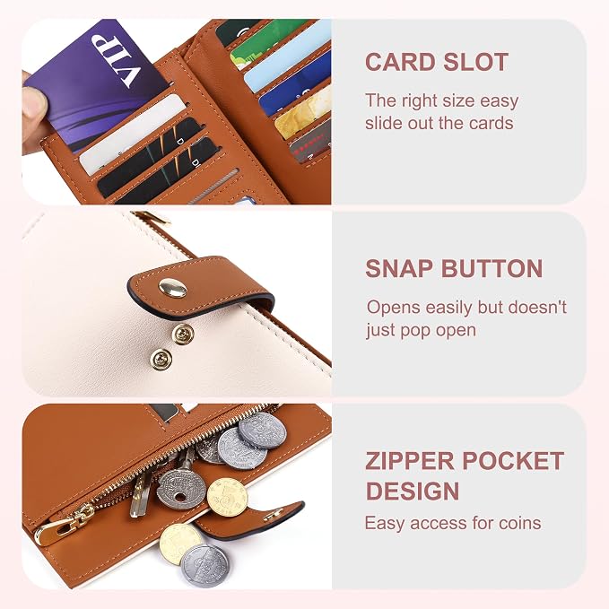 yiijay Women's Wallets RFID Blocking Leather Trifold Clutch Wallet Credit Card Holder Ladies Travel Wallet Purse with Passport/Pen Holder