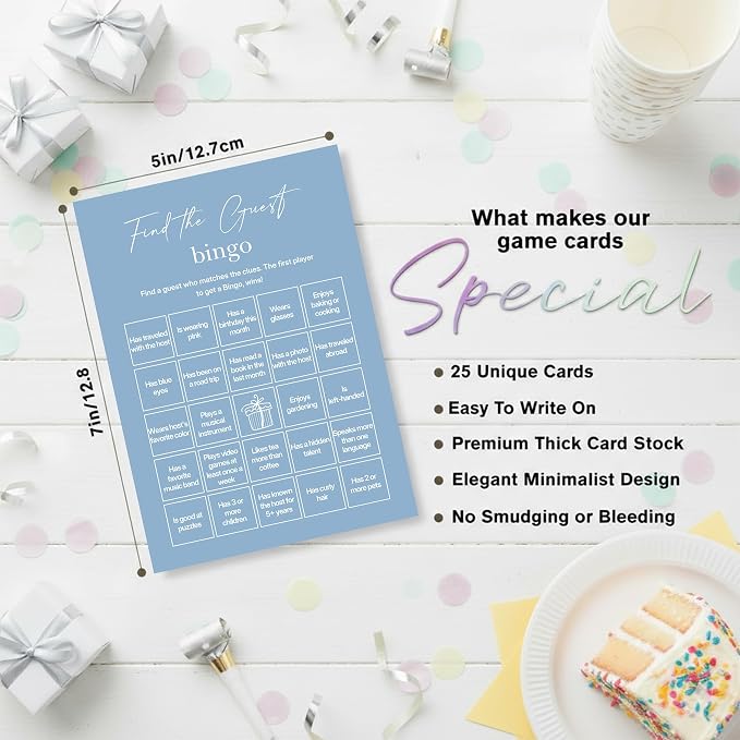 Find The Guest Bingo Cards – 25 Unique Cards, Icebreaker Party Games for Adults, Rustic Blue Mingle Activity for Birthday Parties, Family Reunions, Office Events & Friendsgiving