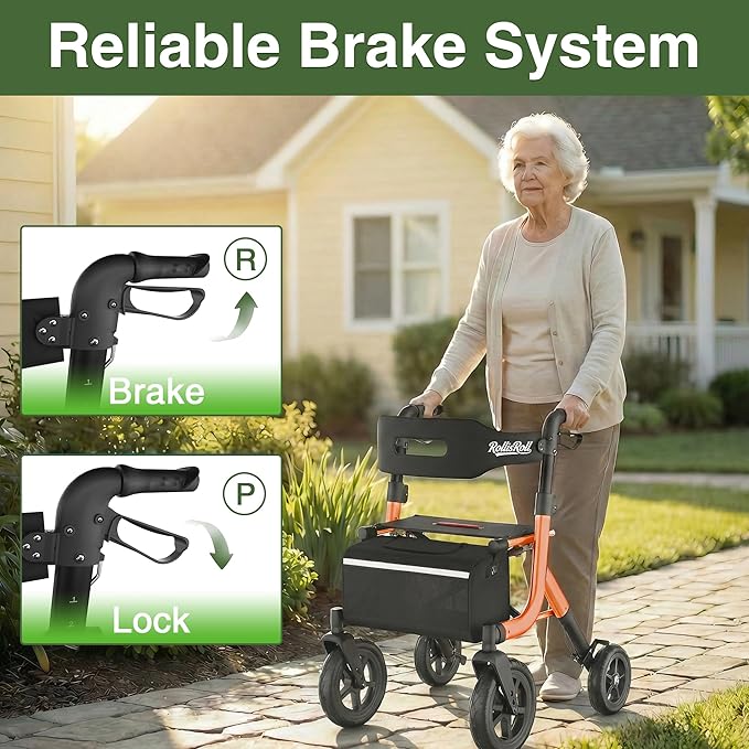 Walkers for Seniors, Rollator Walker with Seat, 12" Big Rubber Wheels All Terrain Rolling Walker with Backrest, Foldable Rollator Walker, Reinforced Aluminum Frame, Built-in Cable, Orange
