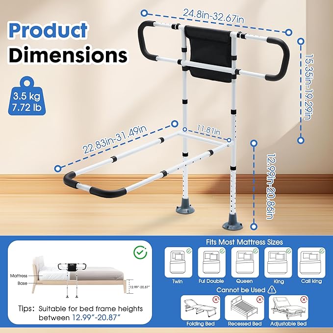 Bed Rails for Elderly Adults Safety, Bed Assist Rails for Seniors with Non-Slip Ergonomic Handle, Floor Support & Storage Pocket, Adjustable Bed Rail Fits Twin, Full, Queen & King Beds