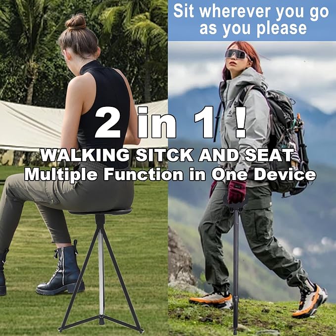 Walking Cane with Seat for Men & Women, Lightweight Anti-Slip Walking Stick with Carry Bag, Portable Stool for Senior & Adults, Foldable Cane Chair for Travel Hiking