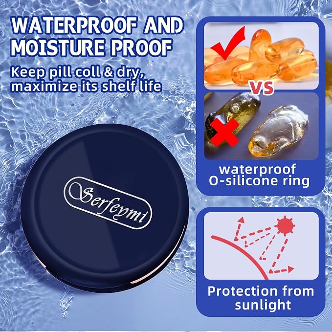 Serfeymi Small Pill Case for Purse, Unique Artistic Patterns Travel Pill Box with 3 Compartments, Portable Mini Pill Organizer for Pocket, Decorative Pill Container for Purse - Dark Blue(Logo)