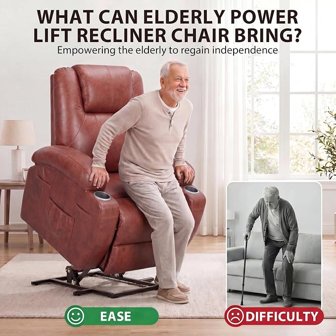 JUMMICO Power Lift Recliner Chair for Elderly with Vibration Massage | Recliner Chair Ergonomic Lift Chair Cup Holder for Living Room (Leathaire, Light Brown)