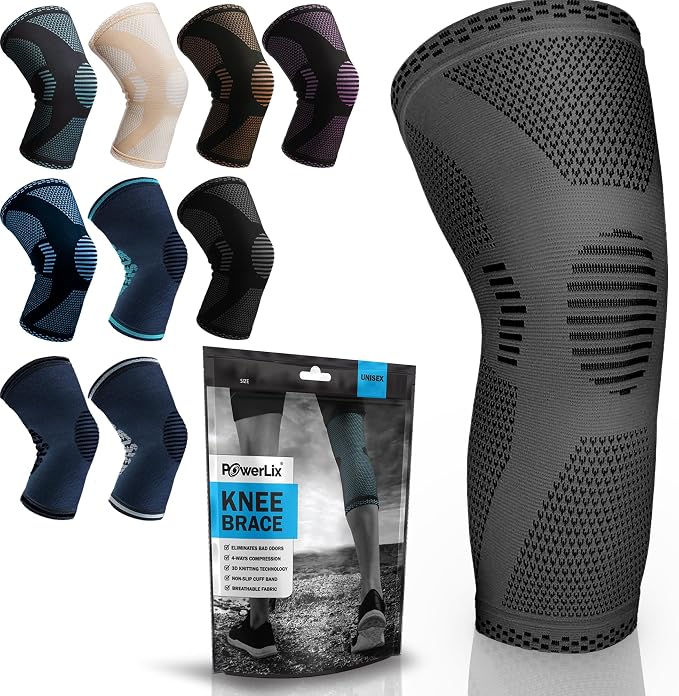POWERLIX Knee Compression Sleeve - Best Knee Brace for Knee Pain for Men & Women – Knee Support for Running, Basketball, Volleyball, Weightlifting, Gym, Workout, Sports - (Gray L)