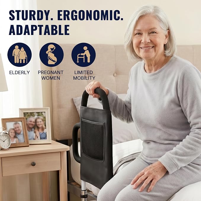 Bed Rails for Elderly Adults - ASTM Approved Adjustable Bed Cane with Non-Slip Ergonomic Handle & Storage Pocket, Bed Railings for Seniors Hold up to 350 LBS, Tool-Free
