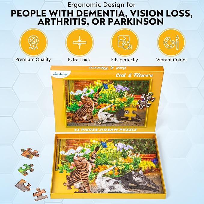 Assistex Large Piece Jigsaw Puzzle for Seniors with Dementia with Conversation Prompts, Large Piece Memory Game for Adults, Elderly, and Dementia Patients – Cats Puzzle, 63 pcs