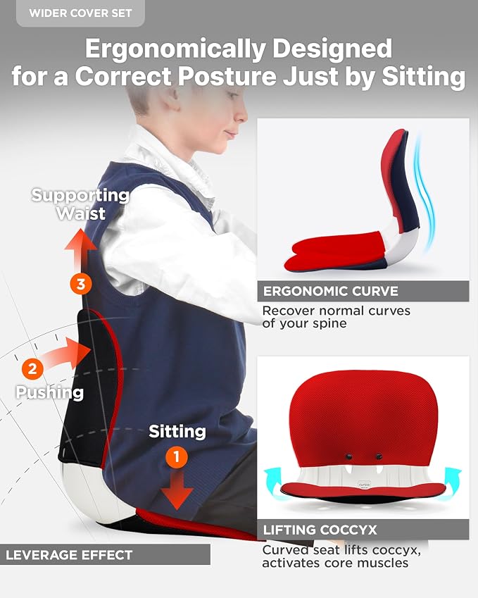 curble Wider – Ergonomic Desk Chair Seat Cushion, Everyday Passive Posture Trainer for Work from Home, Office & Car, Breathable Lumbar Support (Red)