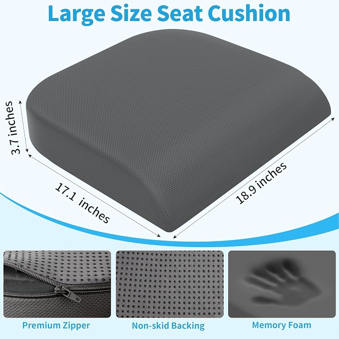 TranquilRelax 2XL Memory Foam Seat Cushion for Office Chair, 3.7-Inch, Gray | Medium-firm Support for Long Sitting, Washable Mesh Cover, Non-slip Base, Perfect for Car Seats & Short Drivers