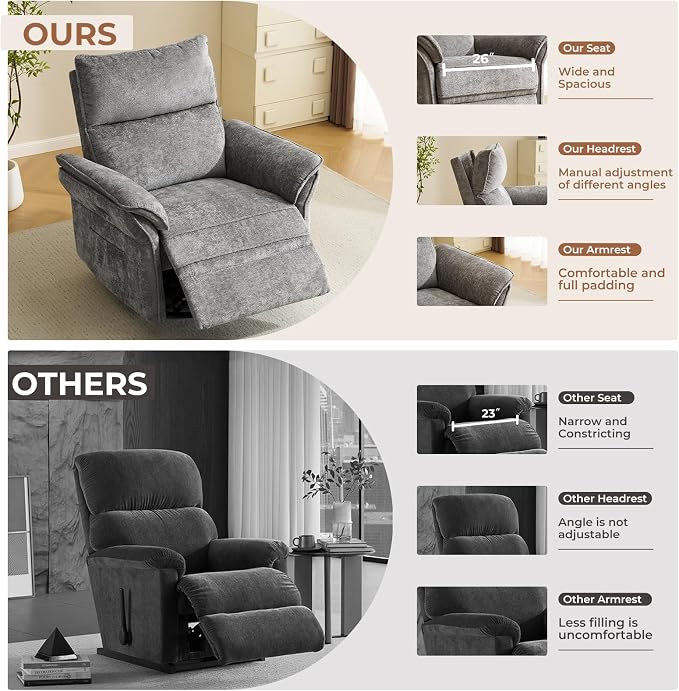 Oversized Power Recliner Chair Swivel Glider with Massage and Heat, Rocker Nursery Recliner for Adults with Adjustable Headrest, 24" Extra Wide Nursery Chair with Overstuffed Armrest, Dark Grey