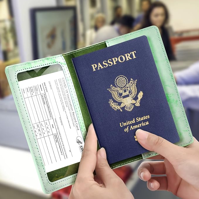 Eoehro Passport and Vaccine Card Holder Combo, Faux Leather, Compact, Lightweight, Waterproof, E-Marble Green