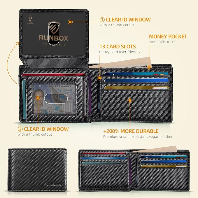 RUNBOX Wallet for Men -Slim Rfid Leather Mens Bifold Novelty Wallets 2 ID Window With Gift Box Men's Accessories | Minimalist Front Pocket Design, Holds 15 Cards, Large Capacity with Cash Pocket,Compact and Thin, Birthday Gifts for Men