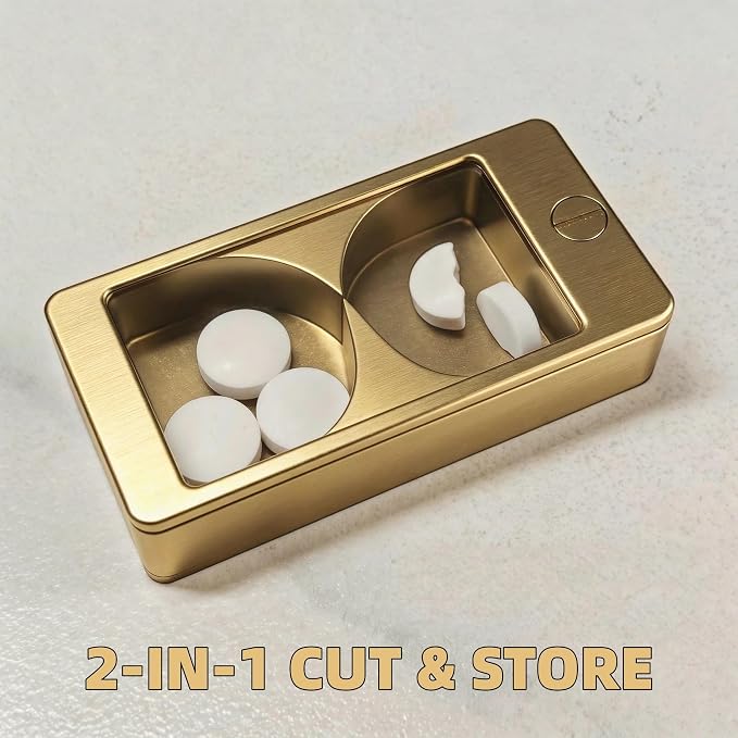 Professional Pill Cutter & Splitter - Precision Aluminum Tablet Slicer for Small, Large & Tiny Tablets | Cortador for Accurate Medicine & Vitamin Doses (Gold)